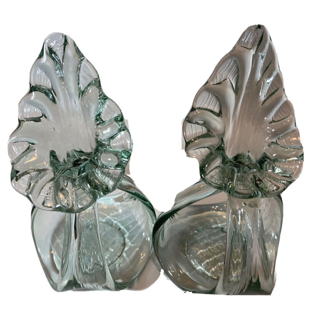 Handblown So2 Iris Calla Lilly Clear Green Glass 7" Candleholders Beautiful